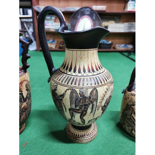 188 - Set of 3x Greek style pottery pieces inc 2x jugs and tall vase with a decorative hand painted design... 