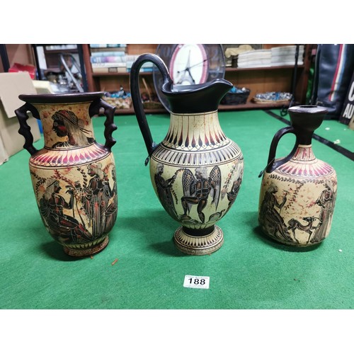 188 - Set of 3x Greek style pottery pieces inc 2x jugs and tall vase with a decorative hand painted design... 