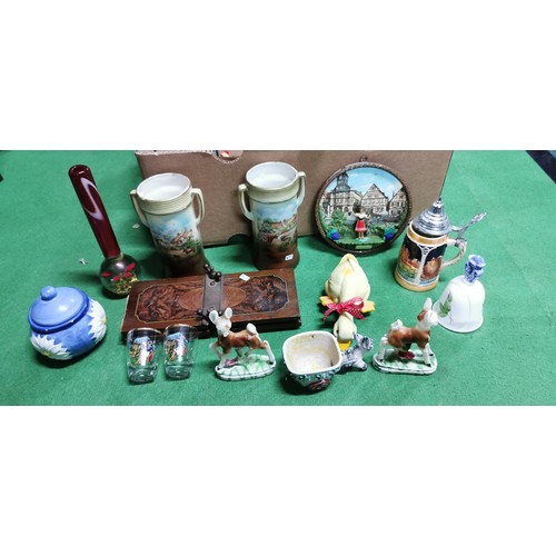 212 - Box of odds inc various collectables and figurines, glass vases, German Stein etc