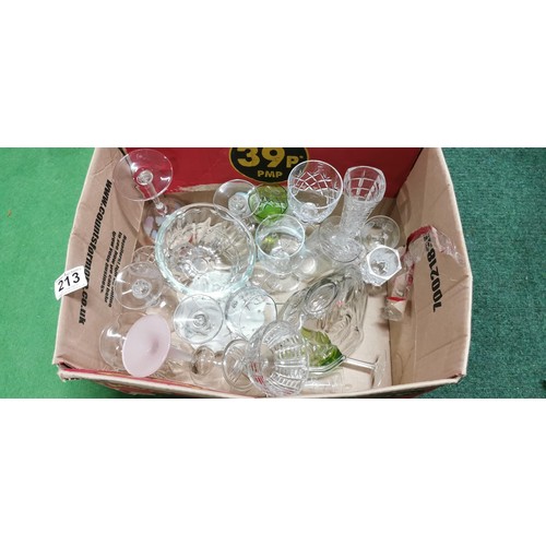 213 - Box full of various glassware inc crystal cut fruit bowls and various glasses inc green glass Sherry... 