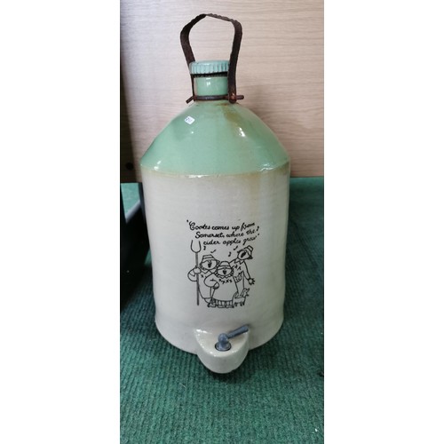 216 - Large Coates Apple Cider green glazed stoneware flagon with tap and carrying handle in good overall ... 