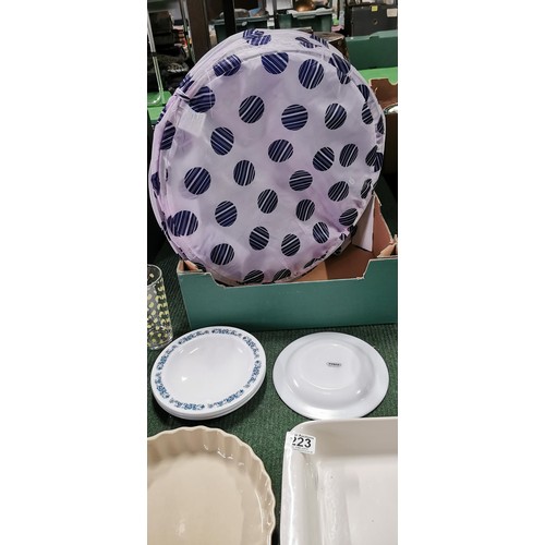 223 - Quantity of excellent quality ceramic baking dishes inc pie dish, glass cheese dome and pirex plates... 