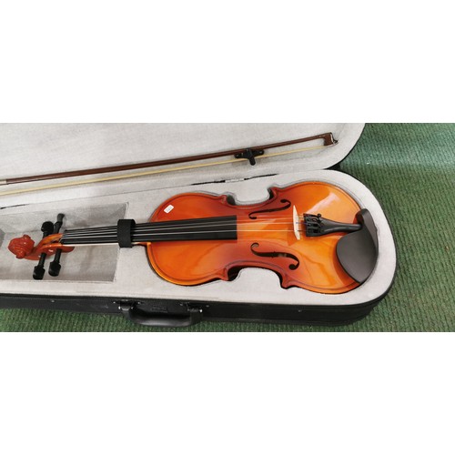 493 - Junior violin in excellent condition, appears to have no use in original case and comes along with b... 