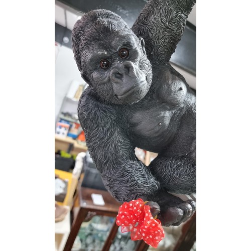 489 - Boxed as new large resin hanging Gorilla figure with a flower ring height 32cm, length 40cm width 20... 