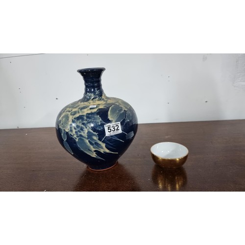 532 - Large terracotta blue glaze vase with a ridge stem stamped to the base MED along with a gold luster ... 