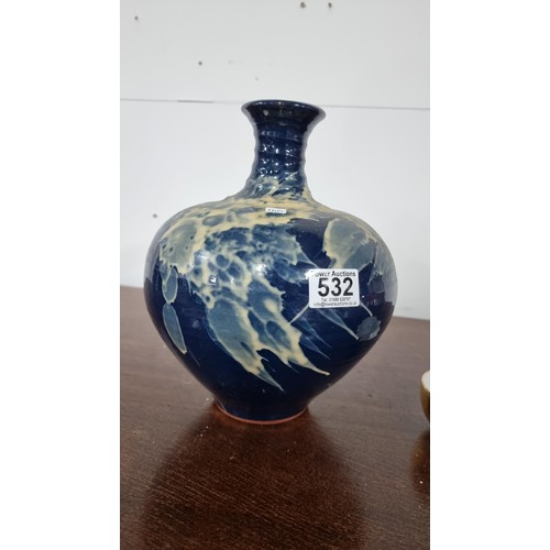 532 - Large terracotta blue glaze vase with a ridge stem stamped to the base MED along with a gold luster ... 