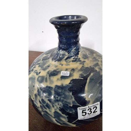 532 - Large terracotta blue glaze vase with a ridge stem stamped to the base MED along with a gold luster ... 