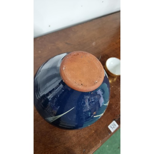 532 - Large terracotta blue glaze vase with a ridge stem stamped to the base MED along with a gold luster ... 