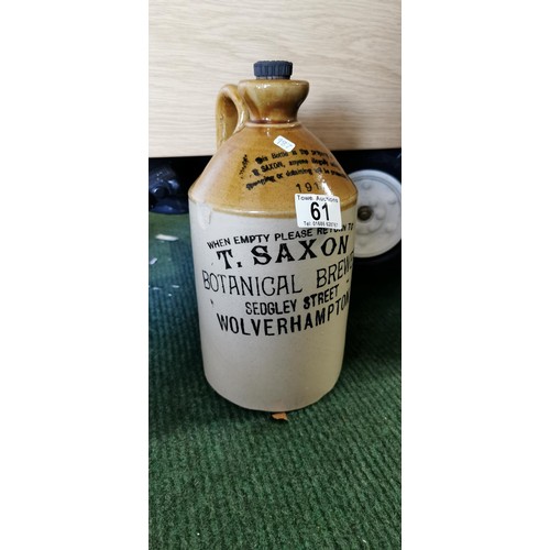 61 - Glazed stoneware small flagon with screw top stamped T. Saxon Botanical brewer, Wolverhampton, 1914.... 