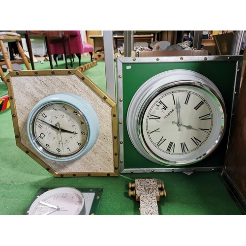 80 - Quantity of retro handmade wall clocks on various wooden backing, one in the shape of a banjo, one h... 