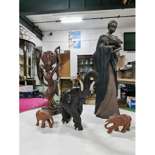 46 - Quantity of ethnic items inc a good solid ebony wood elephant a well carved ethnic dancing lady with... 