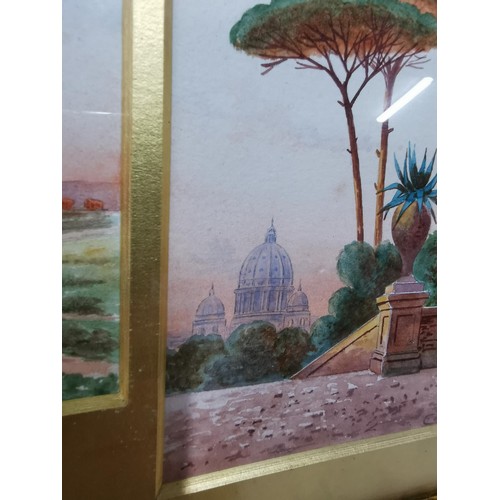 58 - A framed and glazed trio of watercolors depicting the view of St Peters from the Vatican Villa in th... 