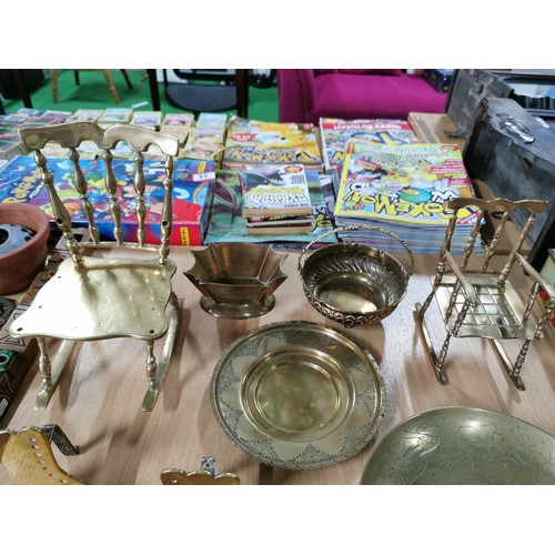 58b - Large quantity of brass ware inc 2x brass model rocking chairs 2x brass cats in boots a middle easte... 