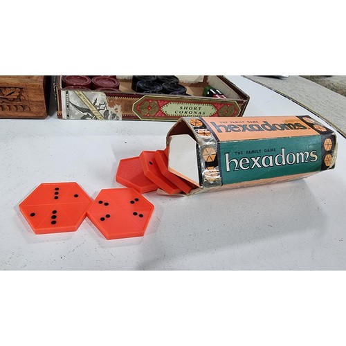 8 - A quantity of of various games inc well carved wooden box containing a set of antique bone dominoes ... 