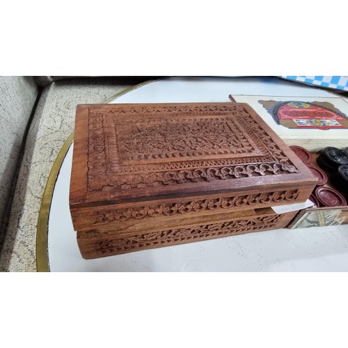 8 - A quantity of of various games inc well carved wooden box containing a set of antique bone dominoes ... 