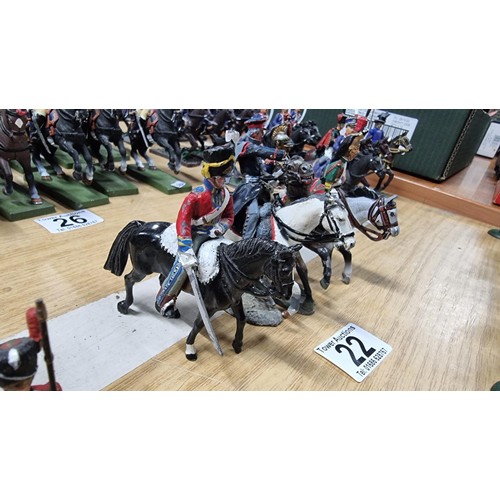 22 - 4x metal hand painted soldiers on horseback, one horse has a broken leg and one soldier is missing a... 