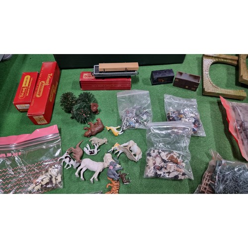 29 - Box containing a quantity of rail side train layout accessories inc various animals and figures and ... 