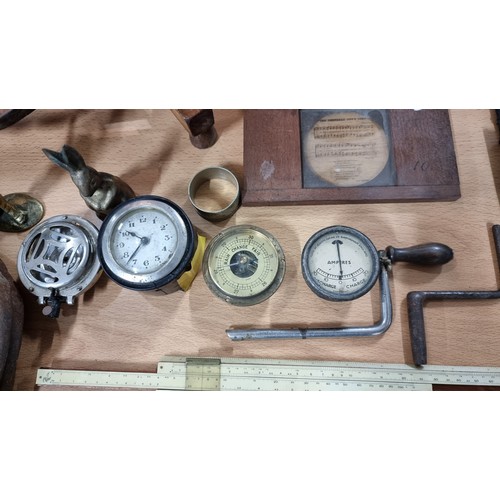 44 - Quantity of collectables inc inc vintage dials gauges slide rule 2x cast iron bull formed hot plates... 