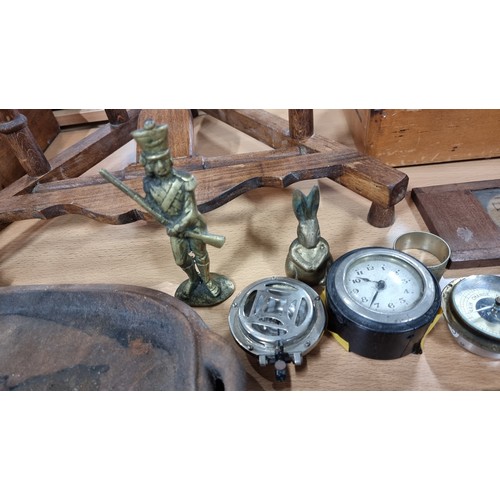 44 - Quantity of collectables inc inc vintage dials gauges slide rule 2x cast iron bull formed hot plates... 