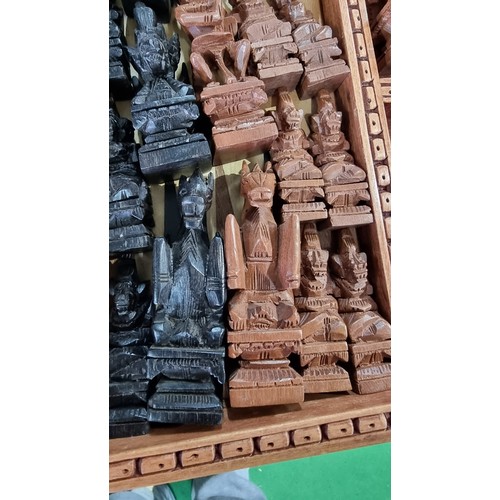 66 - Good quality vintage hand carved balinese indonesian deity chess and backgammon set with hand carved... 