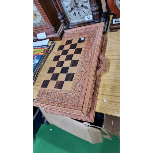 66 - Good quality vintage hand carved balinese indonesian deity chess and backgammon set with hand carved... 