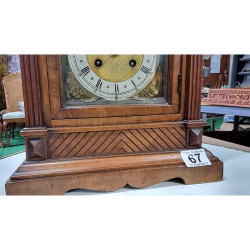 67 - Good quality antique walnut cased mantel clock of large proportions with a brass and silvered chapte... 