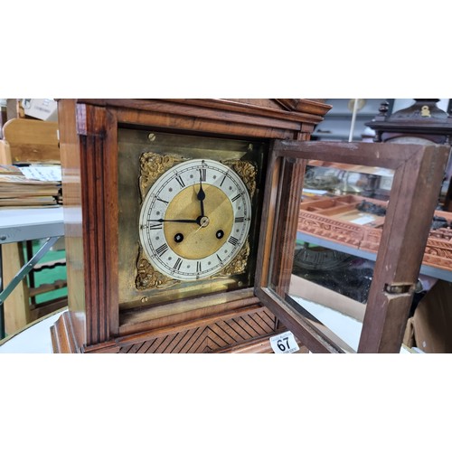 67 - Good quality antique walnut cased mantel clock of large proportions with a brass and silvered chapte... 