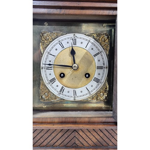 67 - Good quality antique walnut cased mantel clock of large proportions with a brass and silvered chapte... 