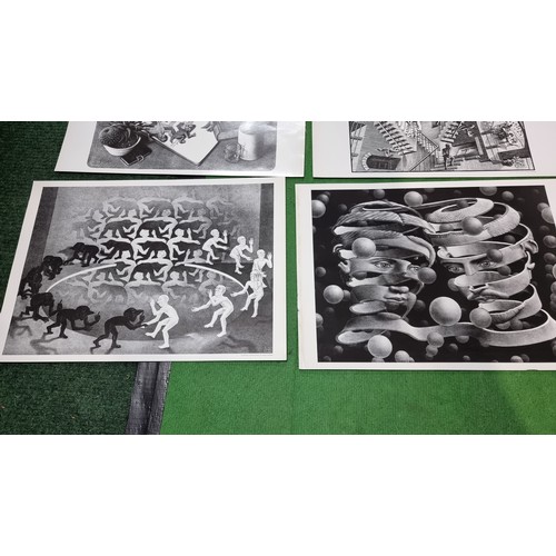 78 - M.C. Escher set of six posters with optical illusions designs along with a large photograph of an ae... 