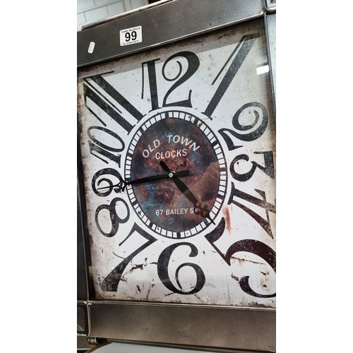 99 - Metal frame wall clock with a metal rail to the top and bottom in good clean condition has height 59... 