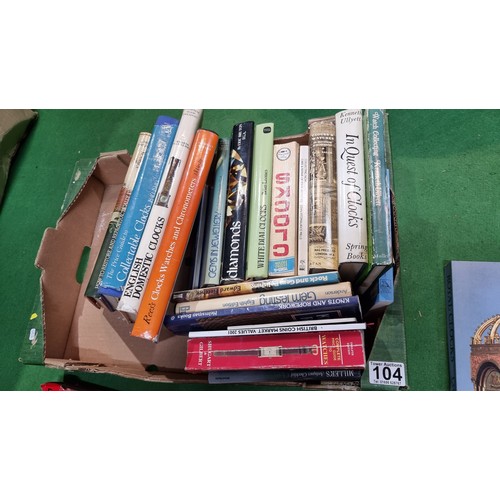 104 - Box containing a large quantity of books all relating to clocks and watches along with some books on... 