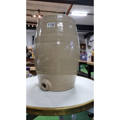 110 - Large stoneware barrel with a lid to the top and its original sticker attached for C White, all in e... 