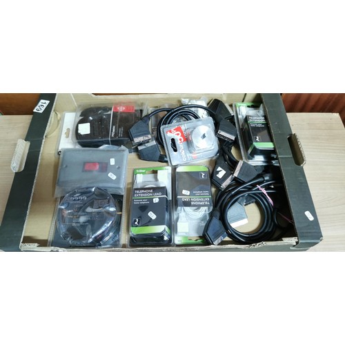 169 - Large quantity of electricals and cables inc scart leads, scart extension switch, telephone extensio... 