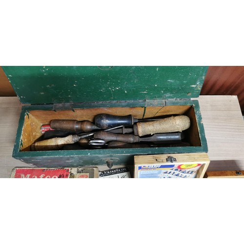 183 - Vintage wooden tool box full of vintage chisels etc along with Power Craft router bit set and boxed ... 