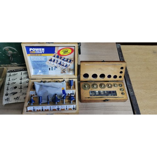 183 - Vintage wooden tool box full of vintage chisels etc along with Power Craft router bit set and boxed ... 