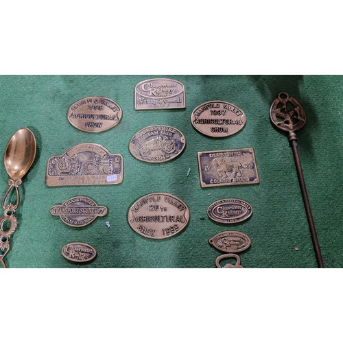 117 - Box full of collectable brass items inc quantity various show plaques railway agricultural etc along... 