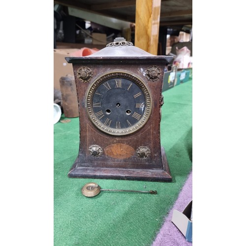 119 - Box of odds inc a good Philip Haas & Sohn oak cased mantel clock with lion mask handles spares or re... 