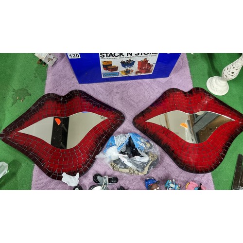 120 - Box of various odds inc 2 glass mosaic lips formed mirrors a magnified page line reader wooden plint... 