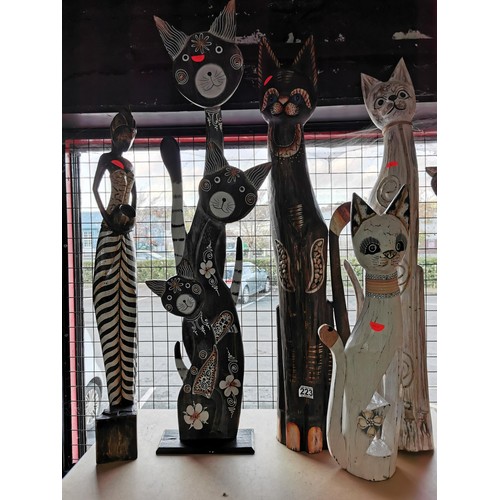 223 - 5x hand carved & painted tall wooden figures inc. 4x cat figures with good attractive designs along ... 