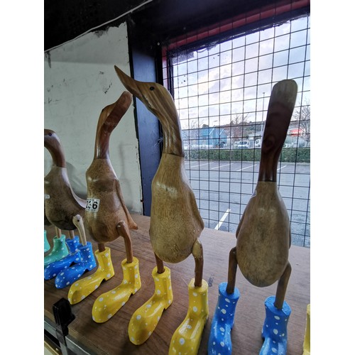 236 - 6x wooden bamboo duck figures all hand carved & with hand painted boots. Some of the ducks have repa... 