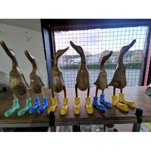 236 - 6x wooden bamboo duck figures all hand carved & with hand painted boots. Some of the ducks have repa... 