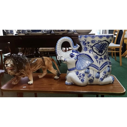 237 - Good quality & detailed vintage ceramic painted lion & Chinese blue & white elephant planter. Both i... 