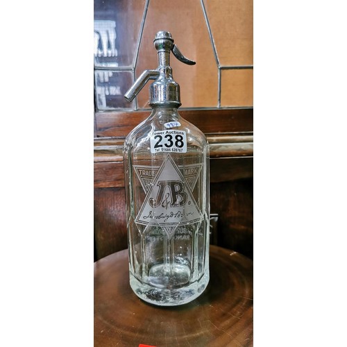 238 - J&B Jewsbury & Brown Ltd vintage glass soda syphon. Measures 32.5cm height.