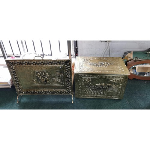 529 - Very ornate vintage brass embossed fire screen & log box, with intricate details.