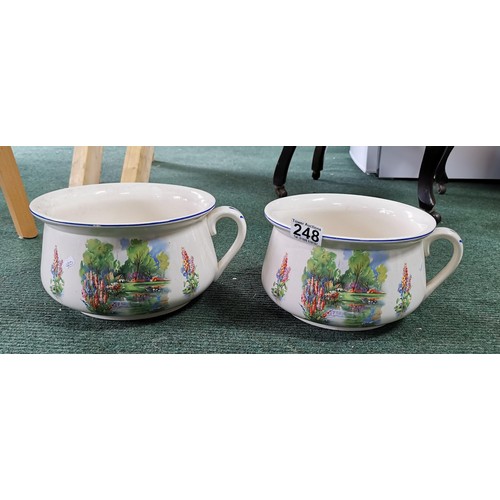 248 - Pair of matching vintage ceramic bed pan night pots with an attractive matching country scene. 13cm ... 