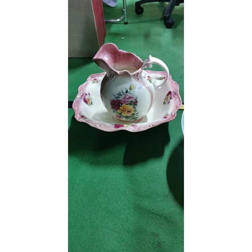 132 - Victorian ceramic pink Ewer & Basin set with floral rose design comes along with a large antique blu... 