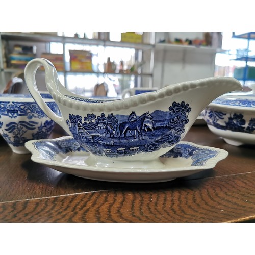 232A - Quantity of 46x Real Old Willow pattern part dinner set with various manufacturer's inc English Iron... 