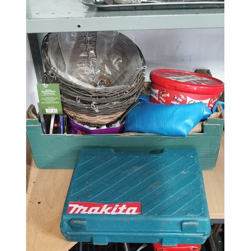 173 - Box of odds of various odds inc 3x flower baskets, Spares/ Repair Makita battery powered drill (batt... 