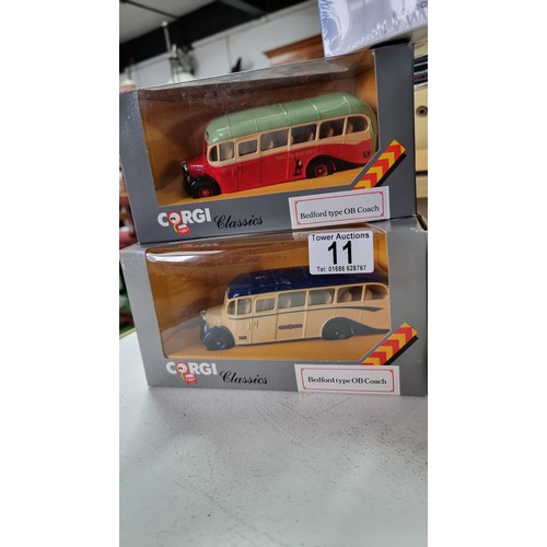 11 - 4x boxed as new corgi classics bedford type OB coaches along with a new and sealed boxed stobart kon... 