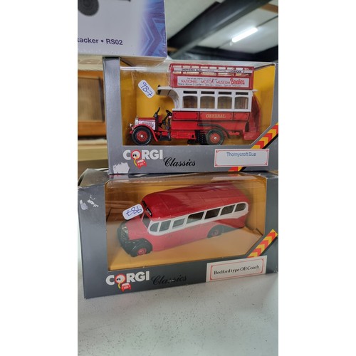 11 - 4x boxed as new corgi classics bedford type OB coaches along with a new and sealed boxed stobart kon... 